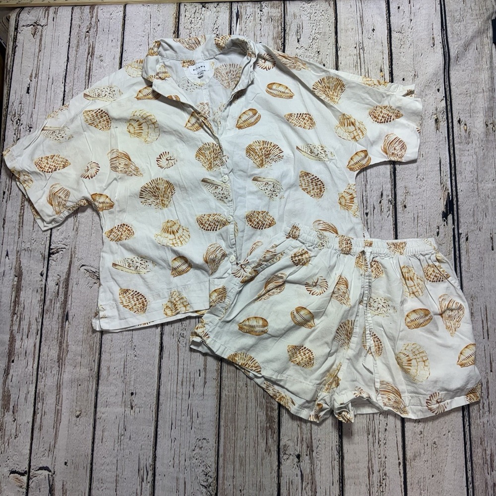 Piyama Womens Pajama Set Shell Beach Print Size XS Summer 2-Piece Shorts S/S Top